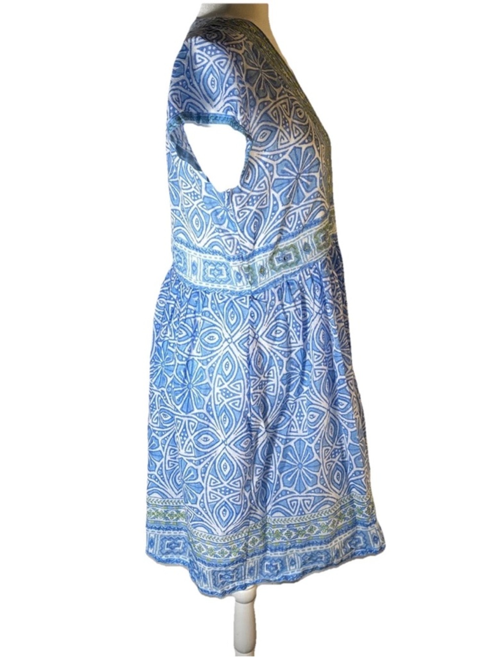 Bella Tu Blue Printed V-Neck Cap Sleeve Dress - M - Picture 5 of 7
